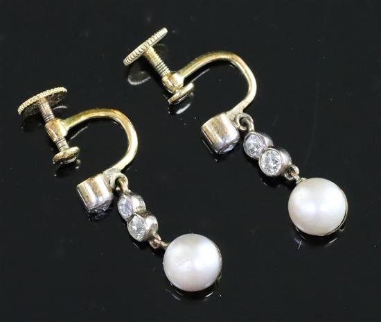 A pair of Edwardian gold, cultured pearl? and diamond drop ear clips, 22mm.